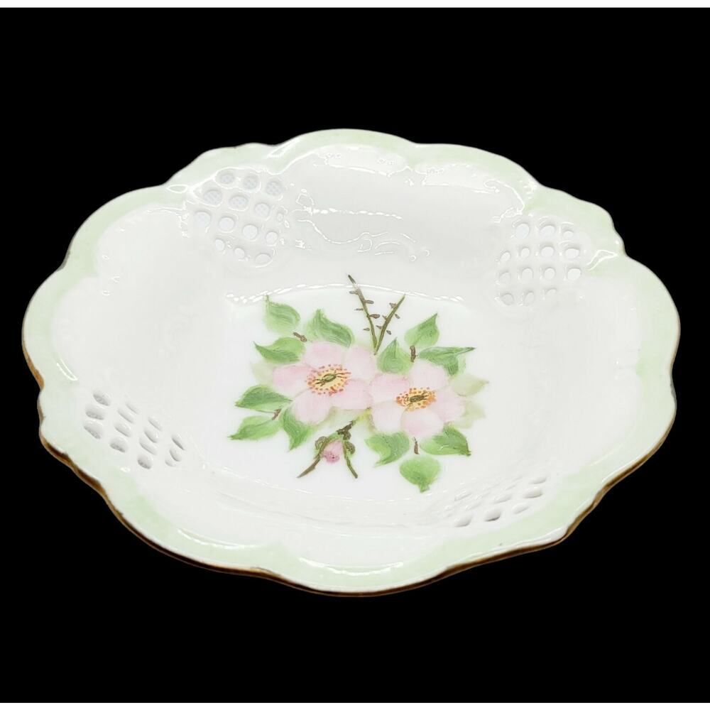 Vintage Floral Trinket Dish Hand Painted Pink Flowers Signed K. Merritt 1959